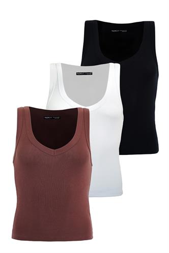 Siyah/Beyaz/Kahverengi Derin V Yaka %100 Pamuklu Basic Kadın Atlet Mg2405