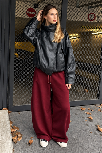 Bordo Stoperli Barrel Fit Şardonlu Kadın Eşofman Altı MG2687