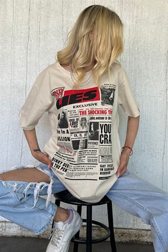 Women Printed Beige Over Fit T-Shirt MG1506