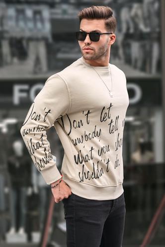 Bej Baskılı Bisiklet Yaka Sweatshirt 6156