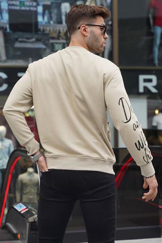 Bej Baskılı Bisiklet Yaka Sweatshirt 6156