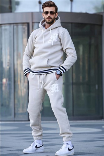 Bej Baskılı Kapşonlu Eşofman Takımı 5909