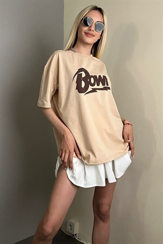 Women Printed Beige Over Fit T-Shirt MG1514