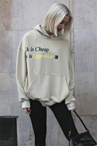 Bej Baskılı Oversize  Kapüşonlu Sweatshirt MG1573