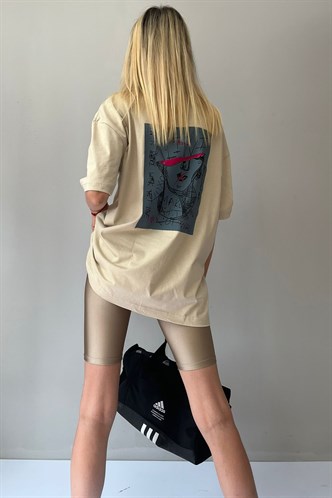 Bej Baskılı Oversize Tişört MG1491