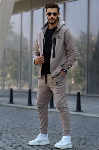 Bej Baskılı Regular Fit Erkek Eşofman Takımı