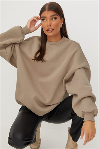 Bej Bisiklet Yaka Basic Sweatshirt MG1559