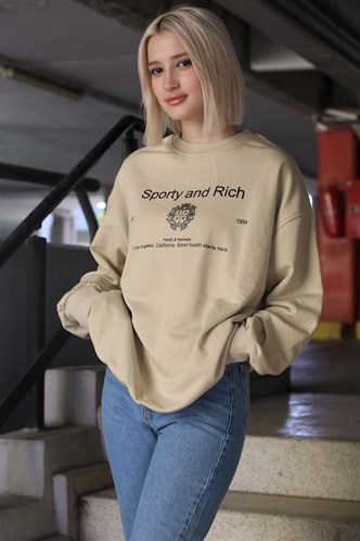 Bej Bisiklet Yaka Baskılı Oversize Kadın Sweatshirt MG1577