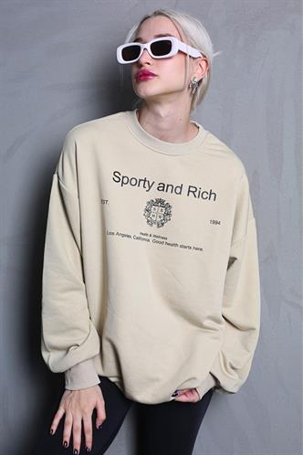 Bej Bisiklet Yaka Baskılı Oversize Kadın Sweatshirt MG1577