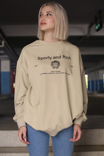 Bej Bisiklet Yaka Baskılı Oversize Kadın Sweatshirt MG1577