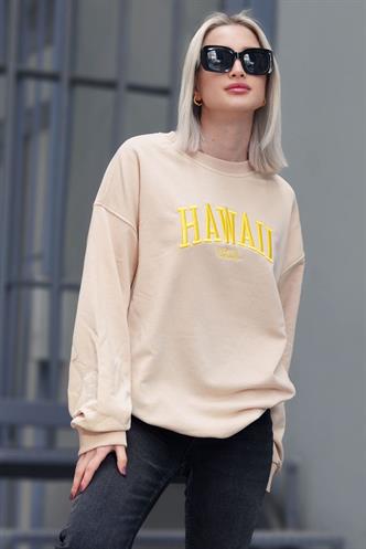 Bej Bisiklet Yaka Baskılı Sweatshirt MG1922