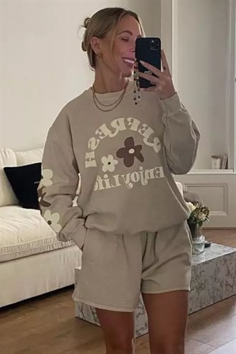 Bej Bisiklet Yaka Baskılı Sweatshirt MG1572