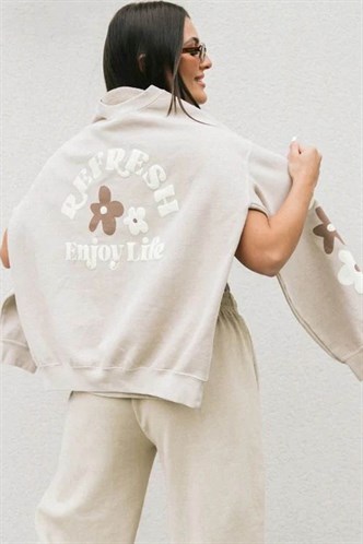 Bej Bisiklet Yaka Baskılı Sweatshirt MG1572