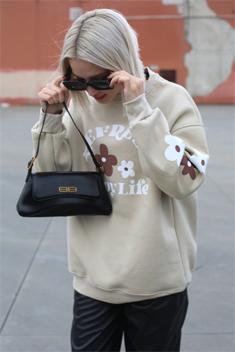 Bej Bisiklet Yaka Baskılı Sweatshirt MG1572