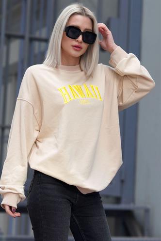 Bej Bisiklet Yaka Baskılı Sweatshirt MG1922