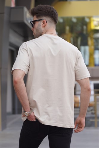 Bej Cep Detaylı Oversize Erkek Tişört 5835