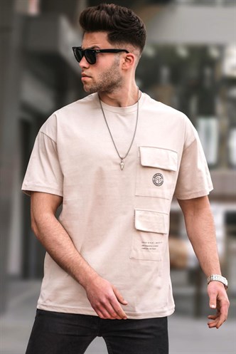 Bej Cep Detaylı Oversize Erkek Tişört 5835