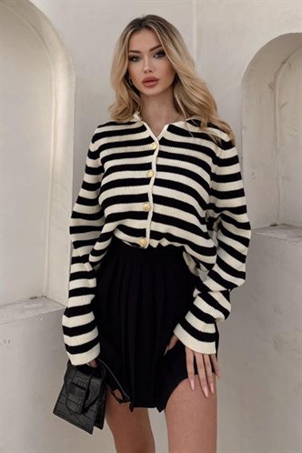 Bej Çizgili Bisiklet Yaka Gold Düğme Detaylı Cotton Hırka MG1605