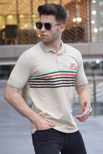 Bej Çizgili Polo Yaka Tişört 5869