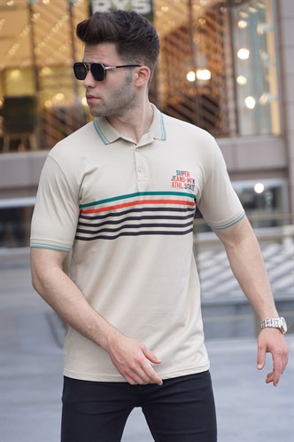 Bej Çizgili Polo Yaka Tişört 5869