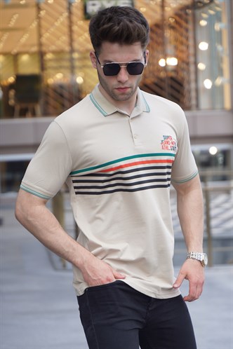Bej Çizgili Polo Yaka Tişört 5869