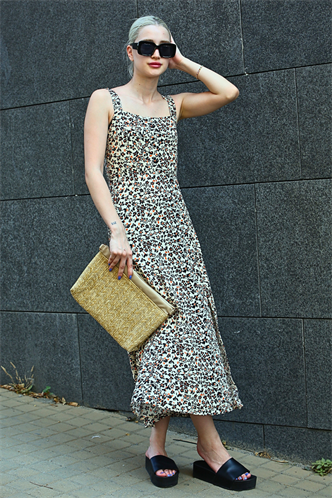 Bej Desenli Yırtmaçlı Uzun Elbise MG1868