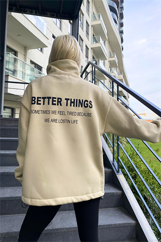 Bej Dik Yaka Fermuarlı Kadın Sweatshirt MG1935