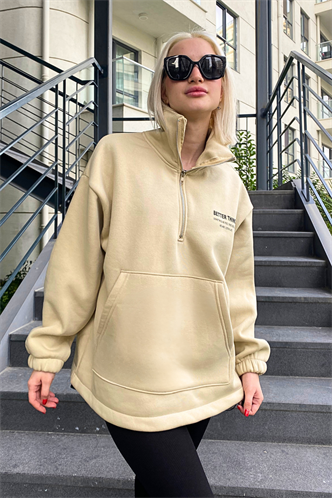 Bej Dik Yaka Fermuarlı Kadın Sweatshirt MG1935