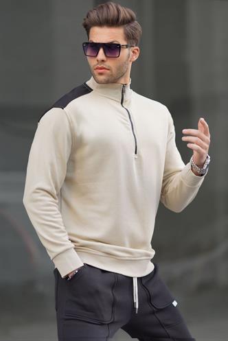 Bej Fermuar Yaka Basic Erkek Sweatshirt 6157