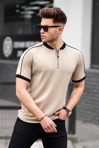 Bej Fermuar Yaka Erkek Penye Tişört