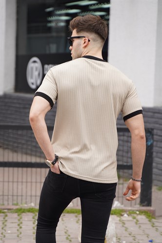 Bej Fermuar Yaka Erkek Penye Tişört