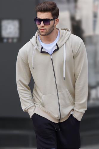 Bej Fermuarlı Kapüşonlu Sweatshirt 6161
