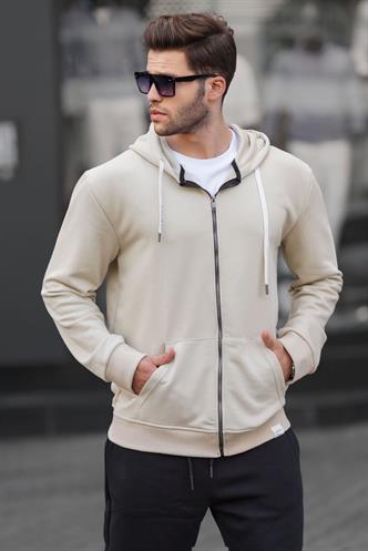 Bej Fermuarlı Kapüşonlu Sweatshirt 6161