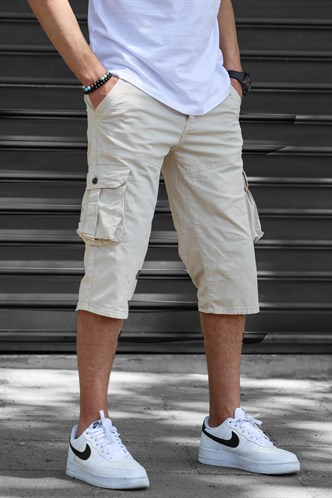 Bej Gabardin Kargo Cep Erkek Kapri Şort 5754