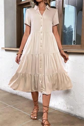 Bej Gömlek Yaka Uzun Elbise MG1853