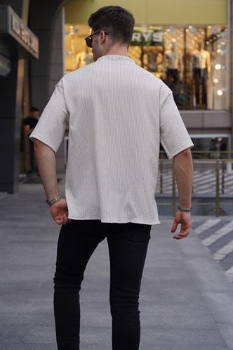 Bej Hakim Yaka Çizgili Kısa Kollu Gömlek 5863