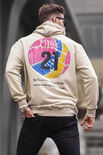 Bej Kabartma Baskılı Kapüşonlu Sweatshirt 6042