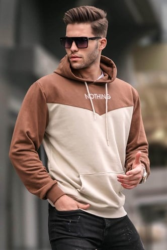 Bej Kapüşonlu Renk Bloklu Erkek Sweatshirt 6024