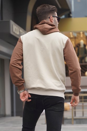 Bej Kapüşonlu Renk Bloklu Erkek Sweatshirt 6024