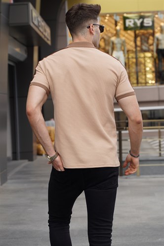 Bej Kol Şeritli Polo Yaka Tişört 5888