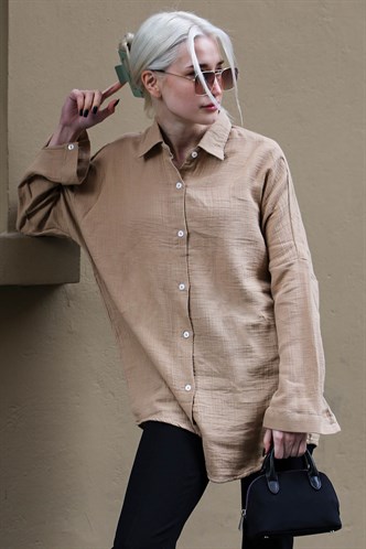 Bej Muslin Kumaş Basic Kadın Gömlek MG1660