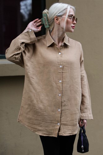 Bej Muslin Kumaş Basic Kadın Gömlek MG1660