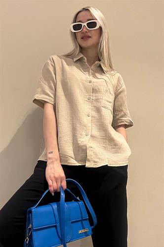 Bej Muslin Kumaş Basic Kadın Gömlek MG1784