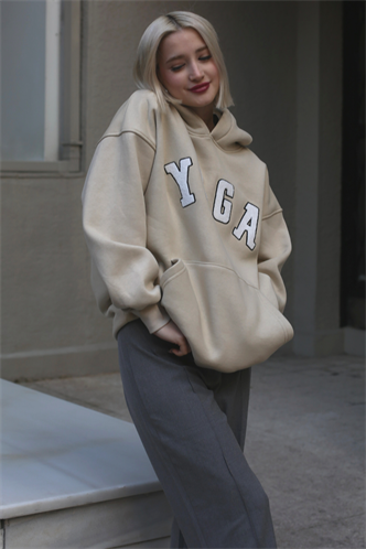 Beige Embroided Oversize Hoodie Sweatshirt MG1580