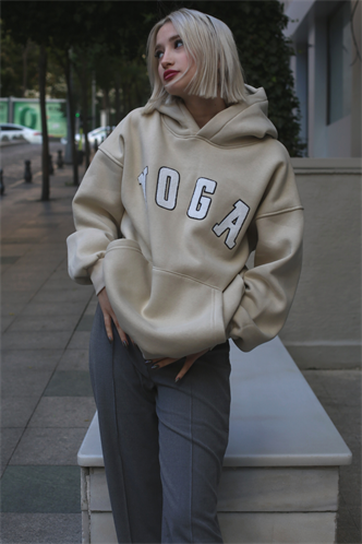 Beige Embroided Oversize Hoodie Sweatshirt MG1580