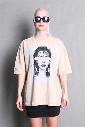 Bej Oversize Baskılı Kadın Tişört MG1764