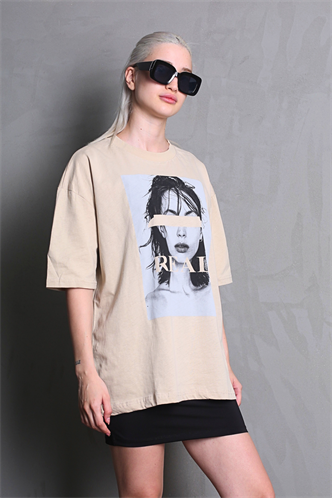 Bej Oversize Baskılı Kadın Tişört MG1764
