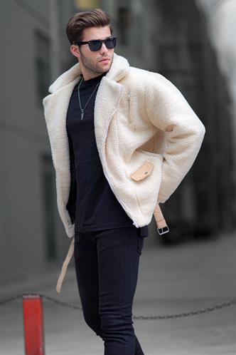 Bej Peluş Biker Erkek Ceket 6849