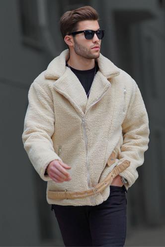 Bej Peluş Biker Erkek Ceket 6849