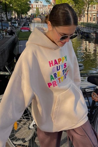 Bej Renkli Nakışlı Bisiklet Yaka Sweatshirt MG1574